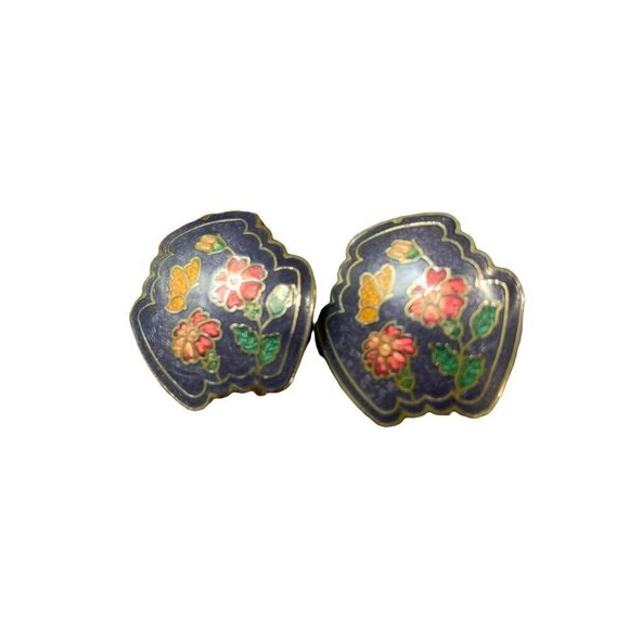 Vintage Floral Cloisonne Earrings Clip On Enamel Blue Pink Flower Butterfly - Picture 3 of 8